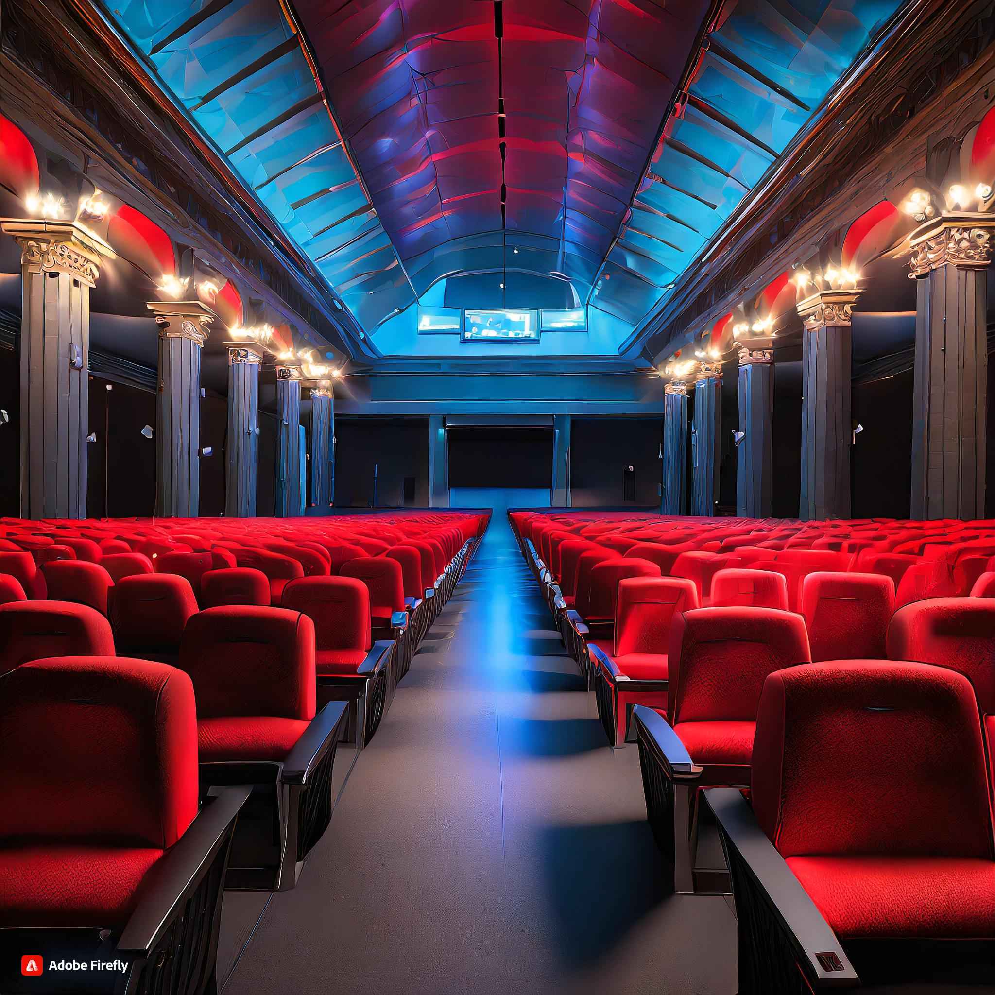 Photo of  movie theater with red seats dark interior with columns